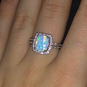 Fire Opal Ring Square Halo Silver